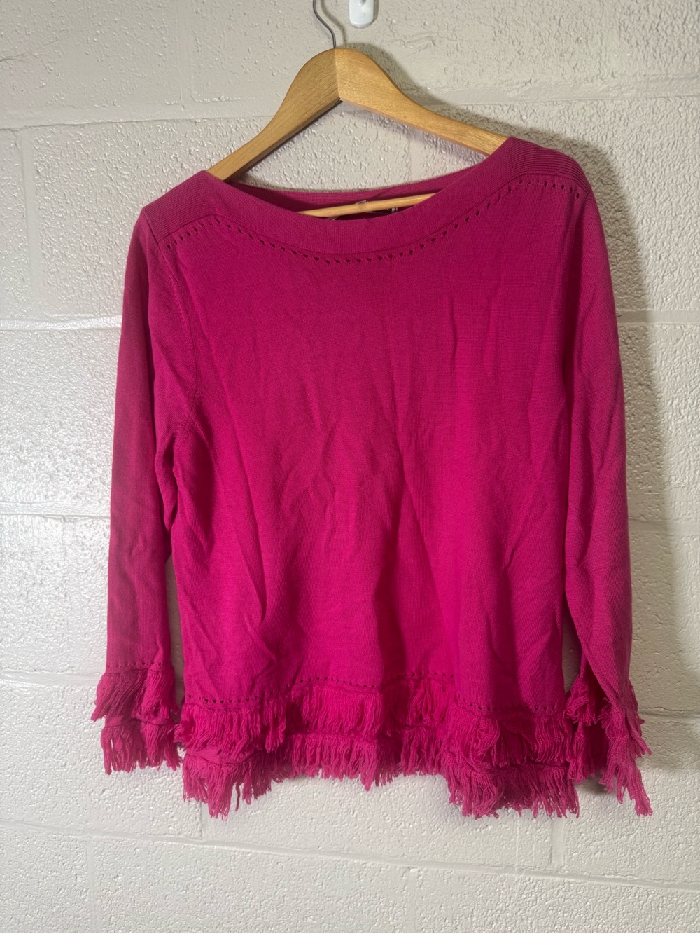 Trina Turk Fuchsia Fringe-Hem Long Sleeve Top